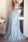 Himmelblaue Ballkleider mit V-Ausschnitt, Stickerei, formelles Kleid, Abendkleider PG776 