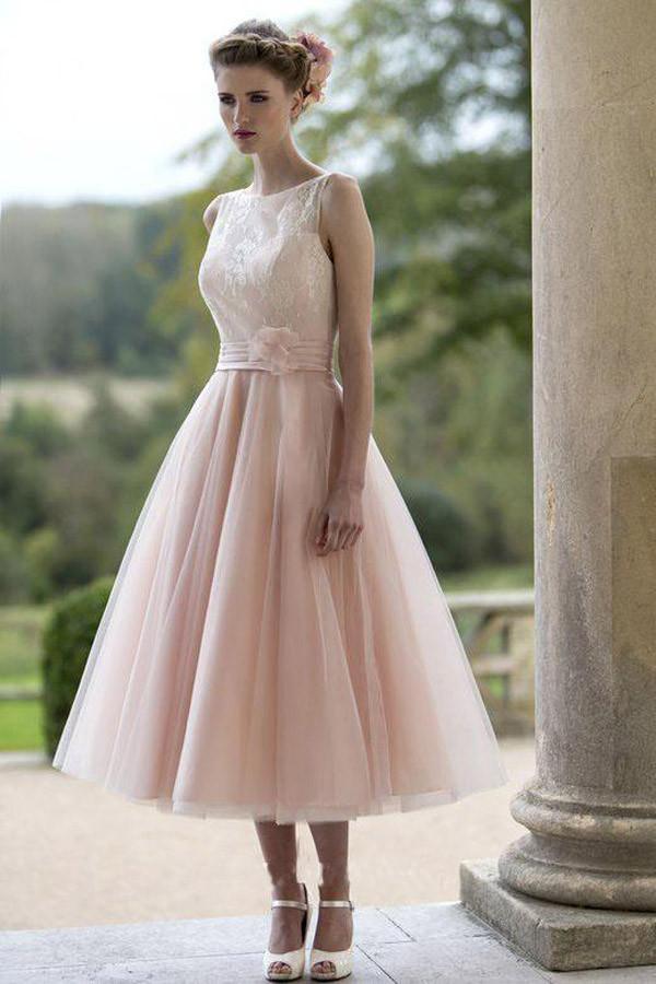 Sleeveless Blush Pretty Flower Length Tulle Fall Wedding Dress WD079 - Pgmdress