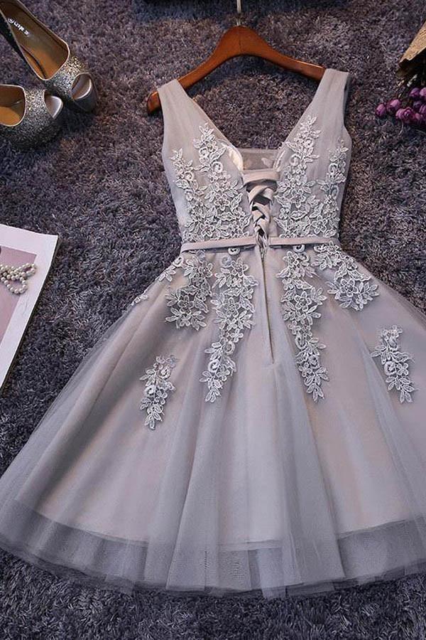 Sleeveless Lace-up Tulle Short homecoming Dress Lace Appliques PG098 - Pgmdress