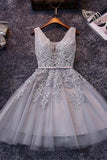 Sleeveless Lace-up Tulle Short homecoming Dress Lace Appliques PG098