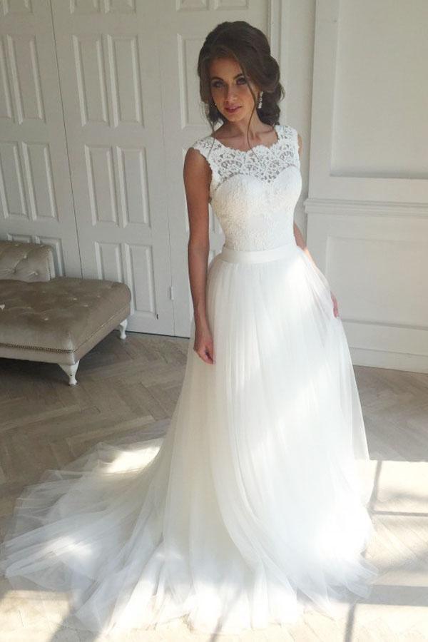 Sleeveless Lace White A-Line Sweep Train Wedding Dress WD096 - Pgmdress