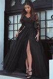 Abendkleid mit Schlitz und glamouröser Spitze in Schwarz mit langen Ärmeln, Ballkleid PG431
