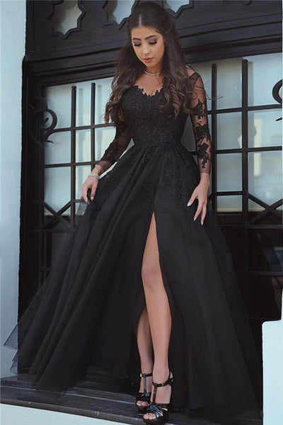 Slit Glamorous Lace Black Long-Sleeve Evening Dress Prom Dress PG431