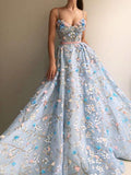 Spaghetti Strap Flower Applique Sky Blue Prom Dresses Evening Dresses PG694 - Pgmdress