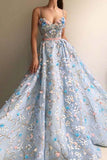 Spaghetti Strap Flower Applique Sky Blue Prom Dresses Evening Dresses PG694