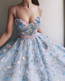 Spaghetti Strap Flower Applique Sky Blue Prom Dresses Evening Dresses PG694 - Pgmdress