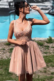 Spaghetti Strap Lace Applique Rose Tulle Mini Homecoming Dresses PD267 - Pgmdress