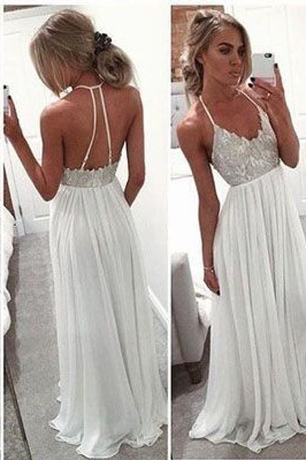 Spaghetti Strap Open Back A-Line Long Chiffon Prom Dresses Evening Dresses PG388 - Pgmdress
