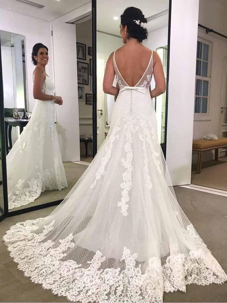 Spaghetti Strap Printed Backless Lace Beach Wedding Dresses with Sash WD428 - Pgmdress