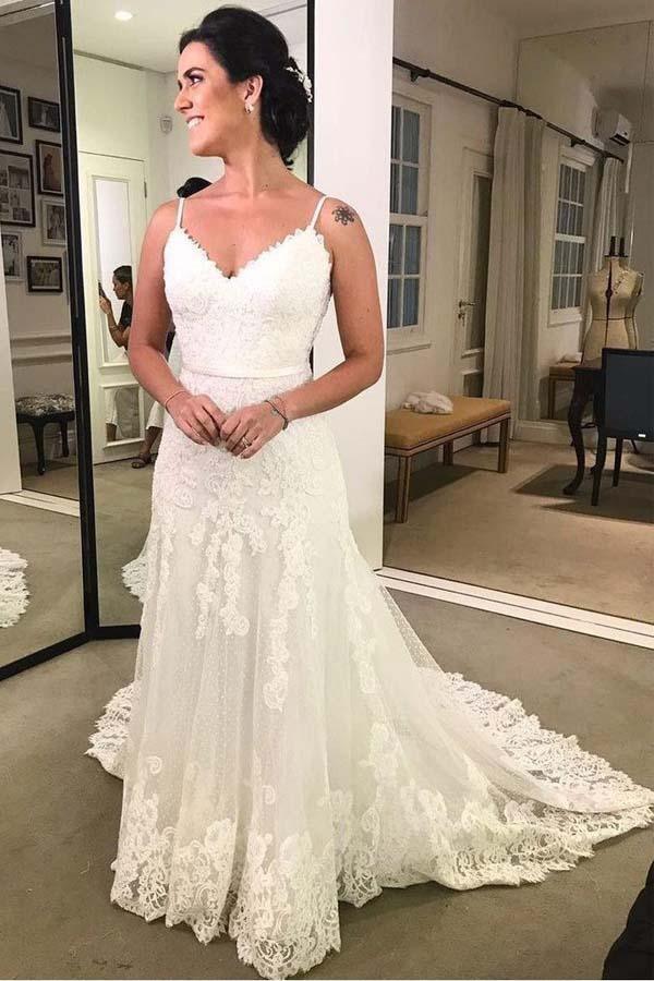 Spaghetti Strap Printed Backless Lace Beach Wedding Dresses with Sash WD428 - Pgmdress