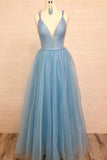 Spaghetti Strap V Neck Sky Blue Prom Dress with Tiny Dot Print PG935 - Pgmdress