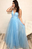 Spaghetti Strap V Neck Sky Blue Prom Dress with Tiny Dot Print  PG935