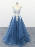 Spaghetti Straps A Line Ivory Appliqued Blue Tulle Prom Dresses PSK009 - Pgmdress