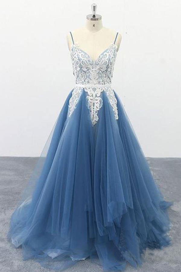 Spaghetti Straps A Line Ivory Appliqued Blue Tulle Prom Dresses PSK009 ...