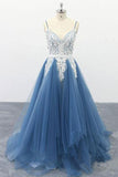 Spaghetti Straps A Line Ivory Appliqued Blue Tulle Prom Dresses  PSK009