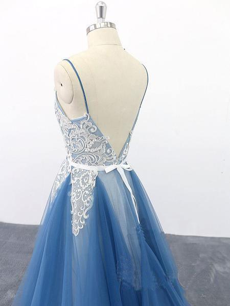 Spaghetti Straps A Line Ivory Appliqued Blue Tulle Prom Dresses PSK009 - Pgmdress