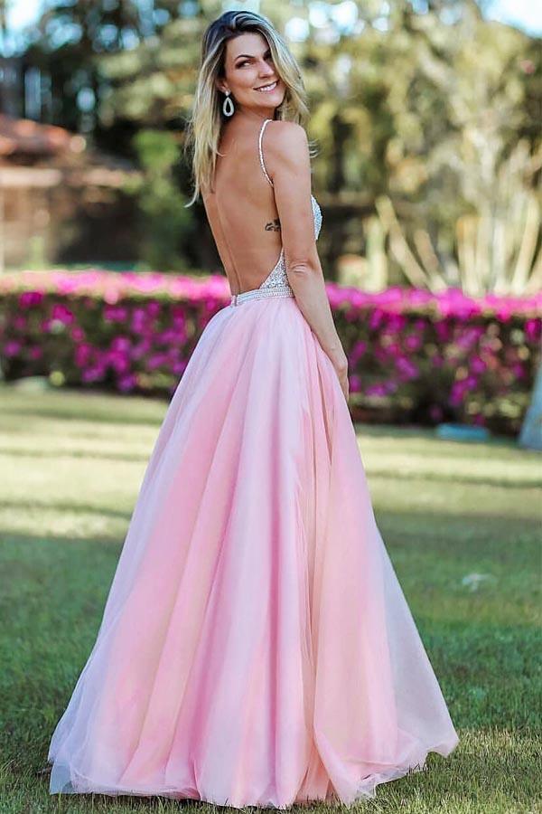 Spaghetti Straps Backless Beading Pink Long Prom/Evening Dress PG885 - Pgmdress