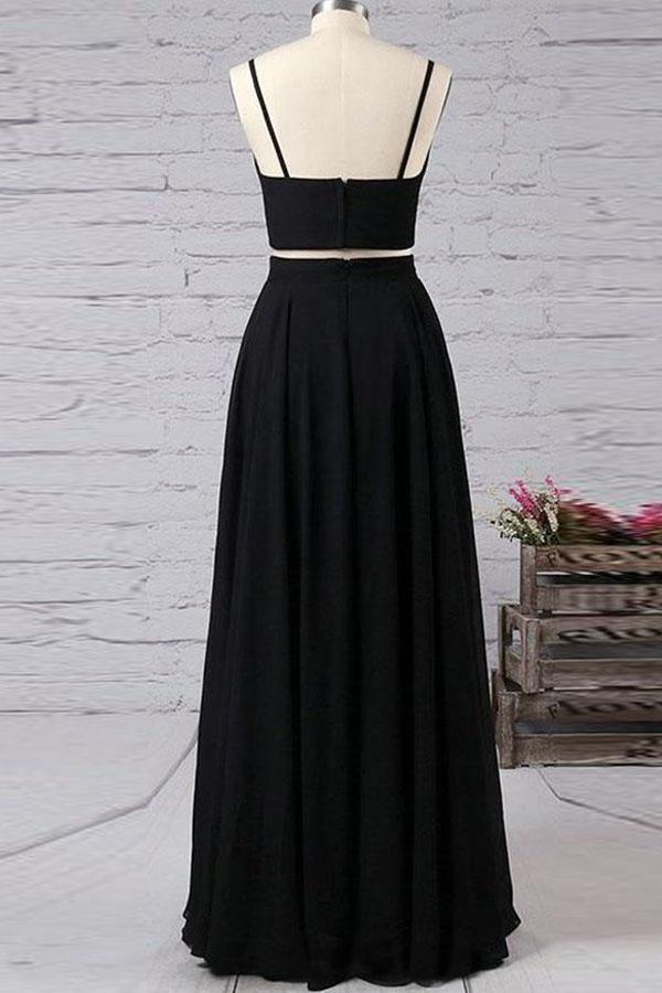Spaghetti Straps Black Two Piece Chiffon Prom Dress With Side Slit PG731 - Pgmdress
