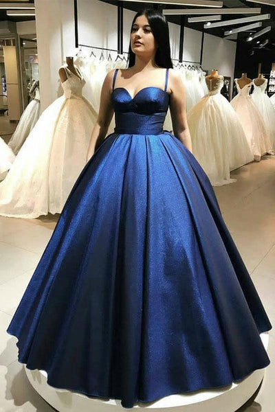 Spaghetti Straps Blue Sweetheart Neckline Ball Gown Prom Dress