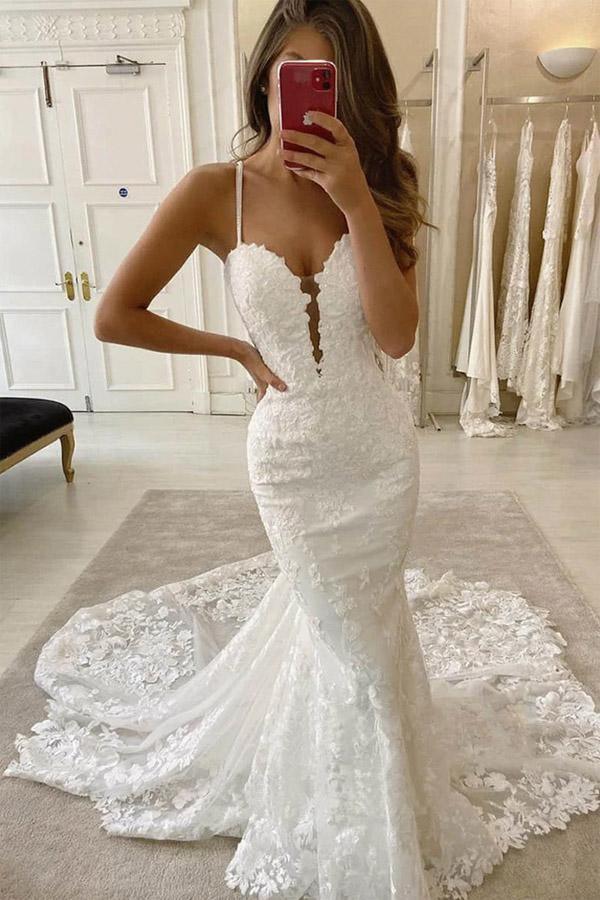 Spaghetti Straps V-neck Mermaid Long Wedding Dresses, Lace Wedding Dresses Spaghetti Straps V-neck Mermaid Long Wedding Dresses, Lace Wedding Dresses