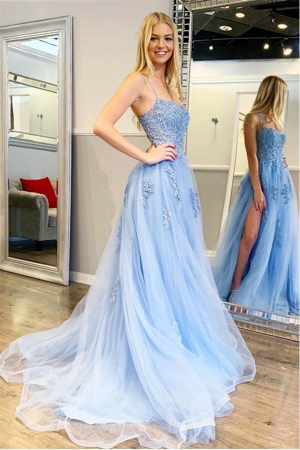 Spaghetti Straps High Slit Evening Dress Appliqued Sweep Train Long Prom Dress PSK176 - Pgmdress