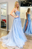 Spaghetti Straps High Slit Evening Dress Appliqued Sweep Train Long Prom Dress PSK176 - Pgmdress