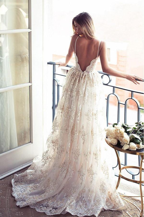 Spaghetti Straps Lace A-line Backless Wedding Dress Bridal Gowns