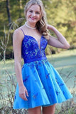 Spaghetti Straps Low Cut Blue Homecoming Dress with Appliques Beading PD198