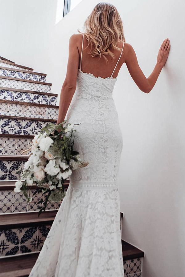 Spaghetti Straps Mermaid All Over Lace Ivory Wedding Dress WD061 - Pgmdress