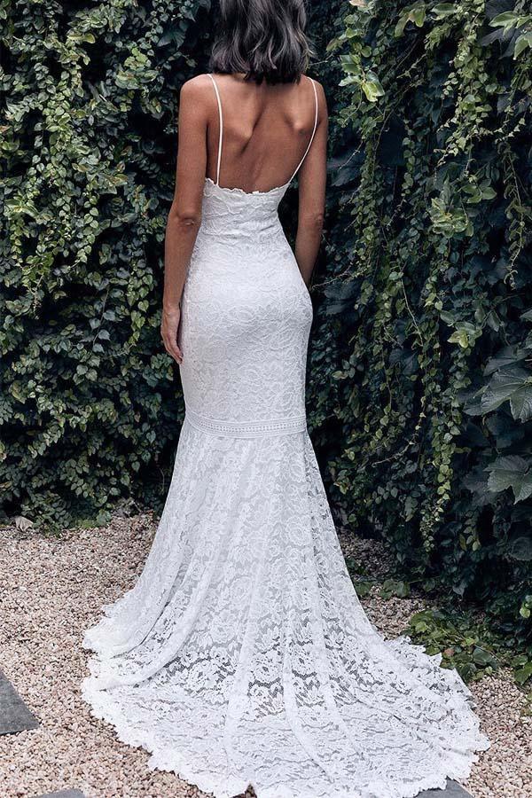 Spaghetti Straps Mermaid All Over Lace Ivory Wedding Dress WD061 - Pgmdress