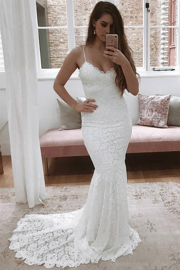 Spaghetti Straps Mermaid All Over Lace Ivory Wedding Dress WD061 - Pgmdress