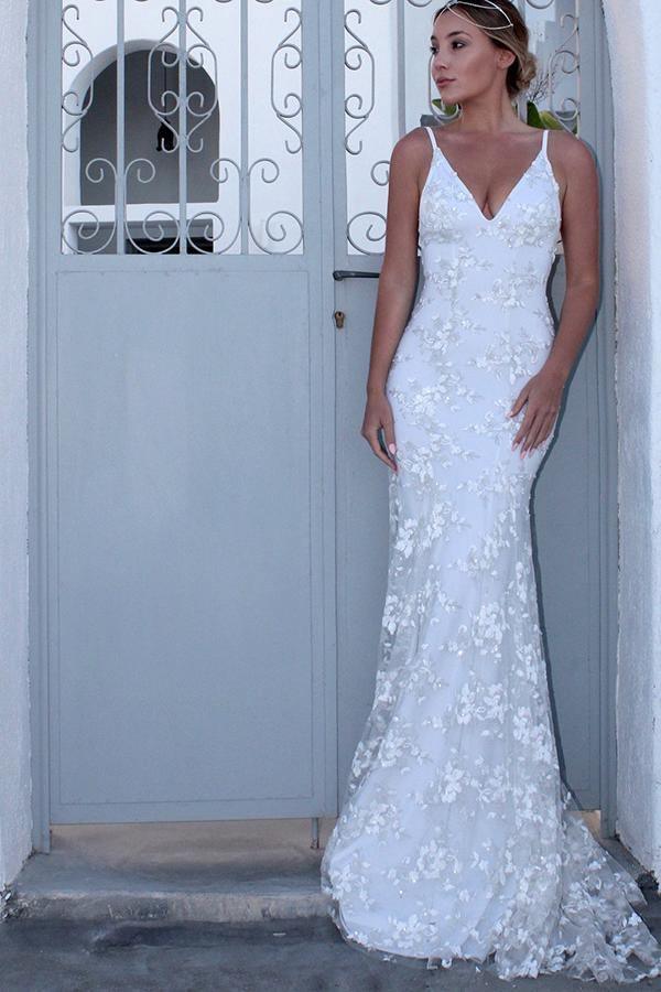 Straps Mermaid Prom Dress V Neck Formal Party Dress with Appliques PSK089 - Pgmdress