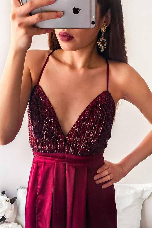 Stejl overflade Maxim Spaghetti Straps Pleated Dark Red Long Prom Party Dress with Sequins PG645  – Pgmdress
