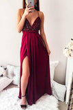 Spaghetti Straps Pleated Dark Red Long Prom Party Dress with Sequins PG645