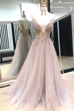 Spaghetti Straps Sexy V Neck Prom Dresses Beaded Long Formal Dress PG844 - Pgmdress