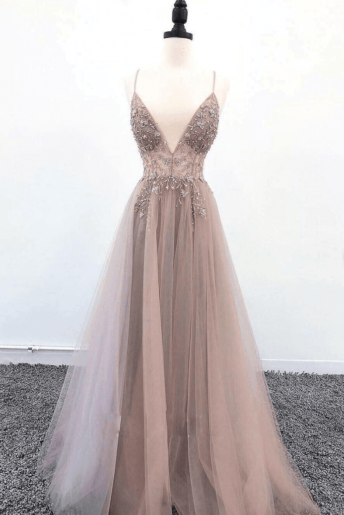 Spaghetti Straps Sexy V Neck Prom Dresses Beaded Long Formal Dress PG844 - Pgmdress