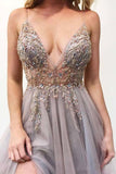 Spaghetti Straps Sexy V Neck Prom Dresses Beaded Long Formal Dress PG844 - Pgmdress