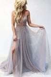 Spaghetti Straps Sexy V Neck Prom Dresses Beaded Long Formal Dress PG844 - Pgmdress