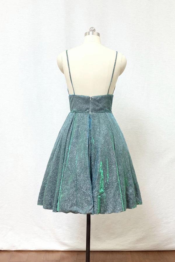 Spaghetti Straps Silver Green Glitter Short Homecoming Dress with Pockets PD428 - Pgmdress