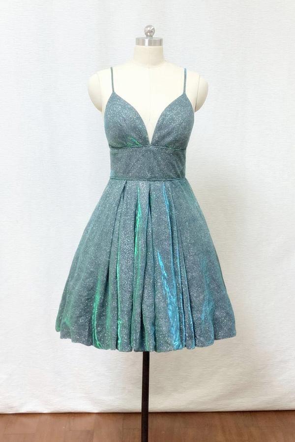 Spaghetti Straps Silver Green Glitter Short Homecoming Dress with Pockets PD428 - Pgmdress