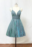 Spaghetti Straps Silver Green Glitter Short Homecoming Dress with Pockets PD428