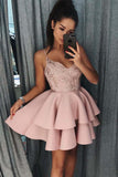 Spaghetti Straps Tiered Pink Satin Homecoming Dress with Sequins PD017 - Pgmdress