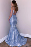 Spaghetti Straps V-Neck Blue Two Piece Mermaid Prom Dress Glitter PSK234 - Pgmdress