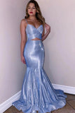 Blaues zweiteiliges Meerjungfrau-Abschlussballkleid mit Spaghettiträgern und V-Ausschnitt und Glitzer PSK234