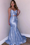 Spaghetti Straps V-Neck Blue Two Piece Mermaid Prom Dress Glitter PSK234 - Pgmdress