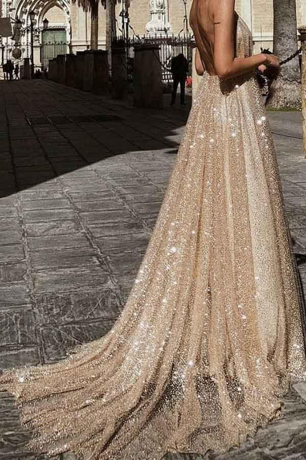 Sparkle Backless Plunging Neckline Sequin Long Prom Evening Dress PG757 - Pgmdress