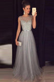 Sparkly A Line Scoop Open Back Grey Beaded Long Prom Dresses  PG732