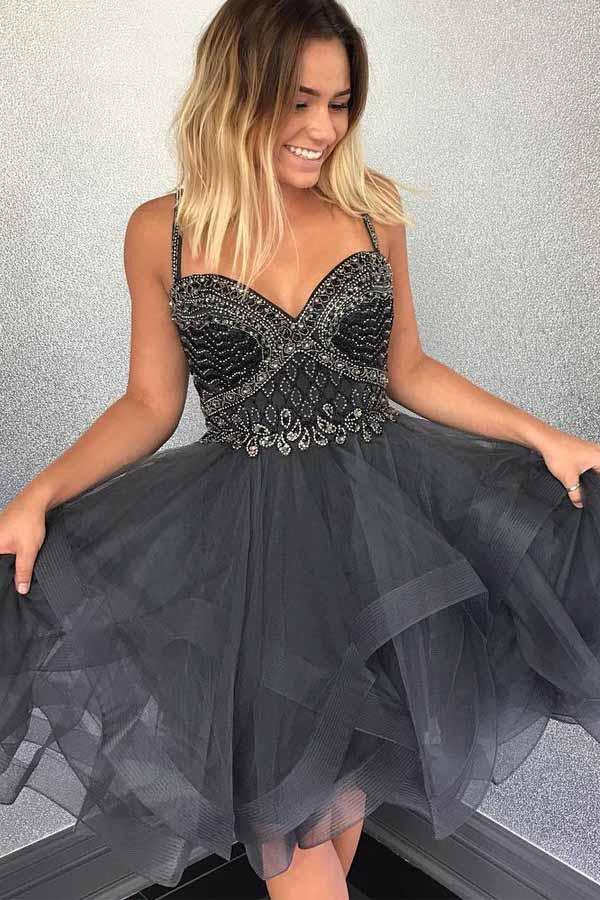 Sparkly Beads Short Grey Tulle Homecoming Dress With Beading PG161 - Pgmdress