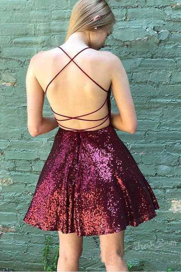 Sparkly Burgundy Homecoming Dresses Backless A-line Mini Party Dress PD383 - Pgmdress