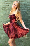 Sparkly Burgundy Homecoming Dresses Backless A-line Mini Party Dress  PD383